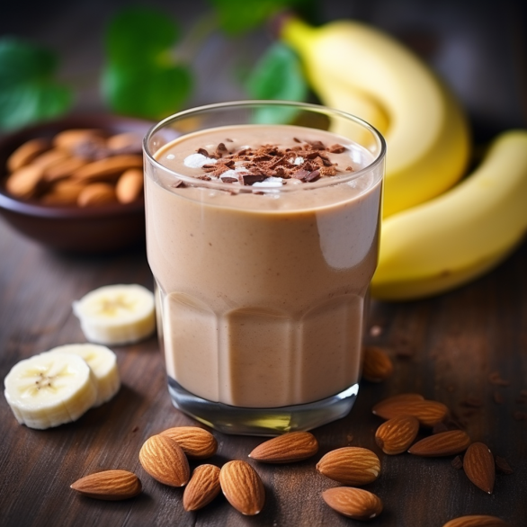 Creamy almond butter, cacao and banana smoothie in a glass.